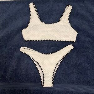 White Textured Bikini Set Square Neck Swimsuit Contrast Binding Bathing Suit new